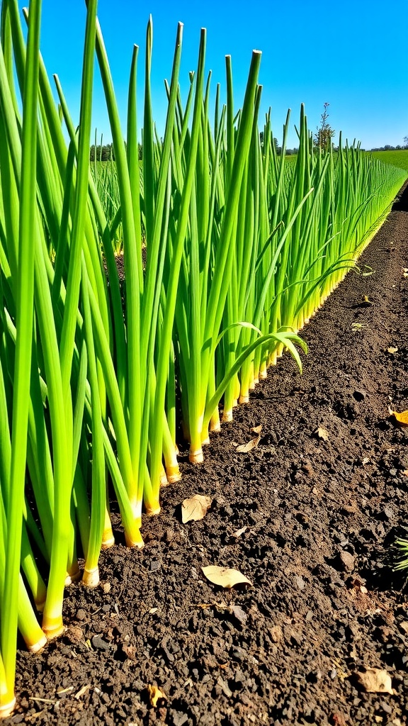A thriving garlic garden with green plants under a sunny sky.